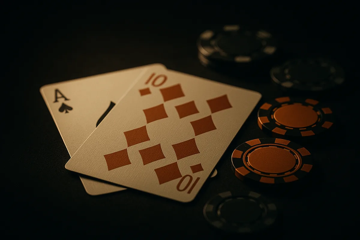 Blackjack-Hand mit Karten und Chips